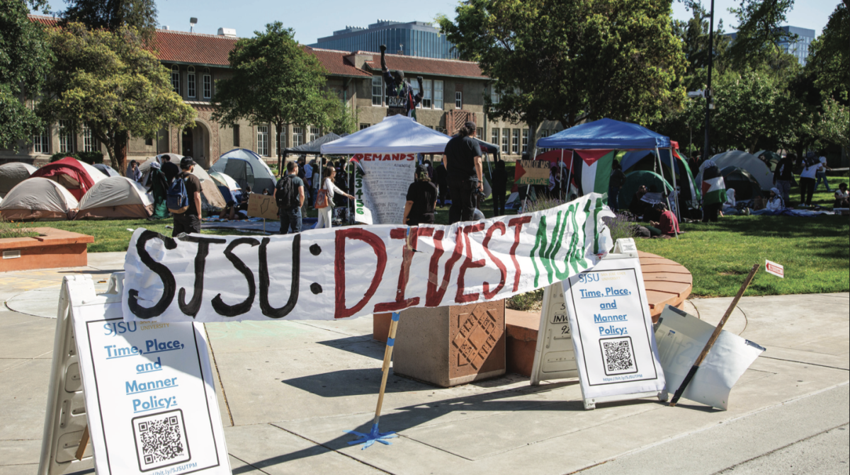 A pro-Palestinian encampment at Tommie Smith and John Carlos Lawn on Monday, May 13, 2024 at SJSU.